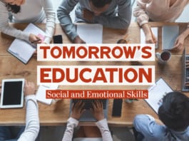 Social and emotional skills writen on top of picture with teachers.