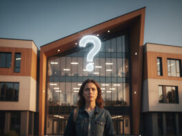 Person standing before modern building entrance.